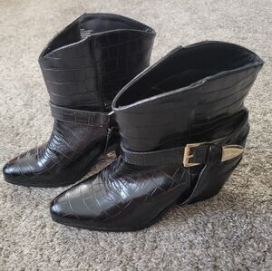 Black Croc-Embossed Ankle Boots